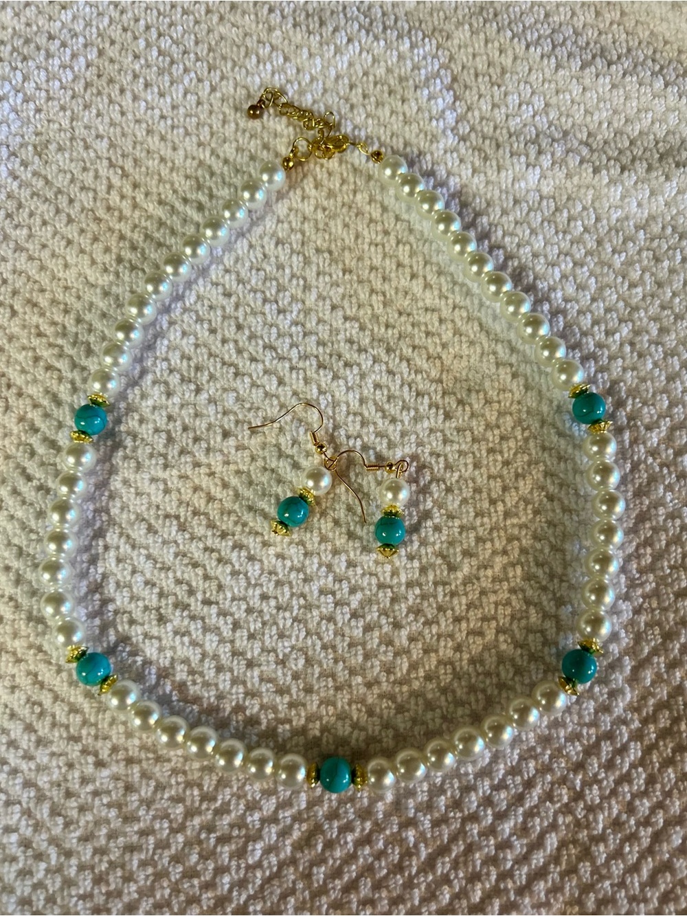 Pearl Necklace with Turquoise Bead Accents and Matching Earrings